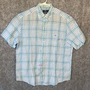 Vineyard Vines Men's XL Classic Fit Tucker Shirt Blue Green Plaid 100% Linen SS
